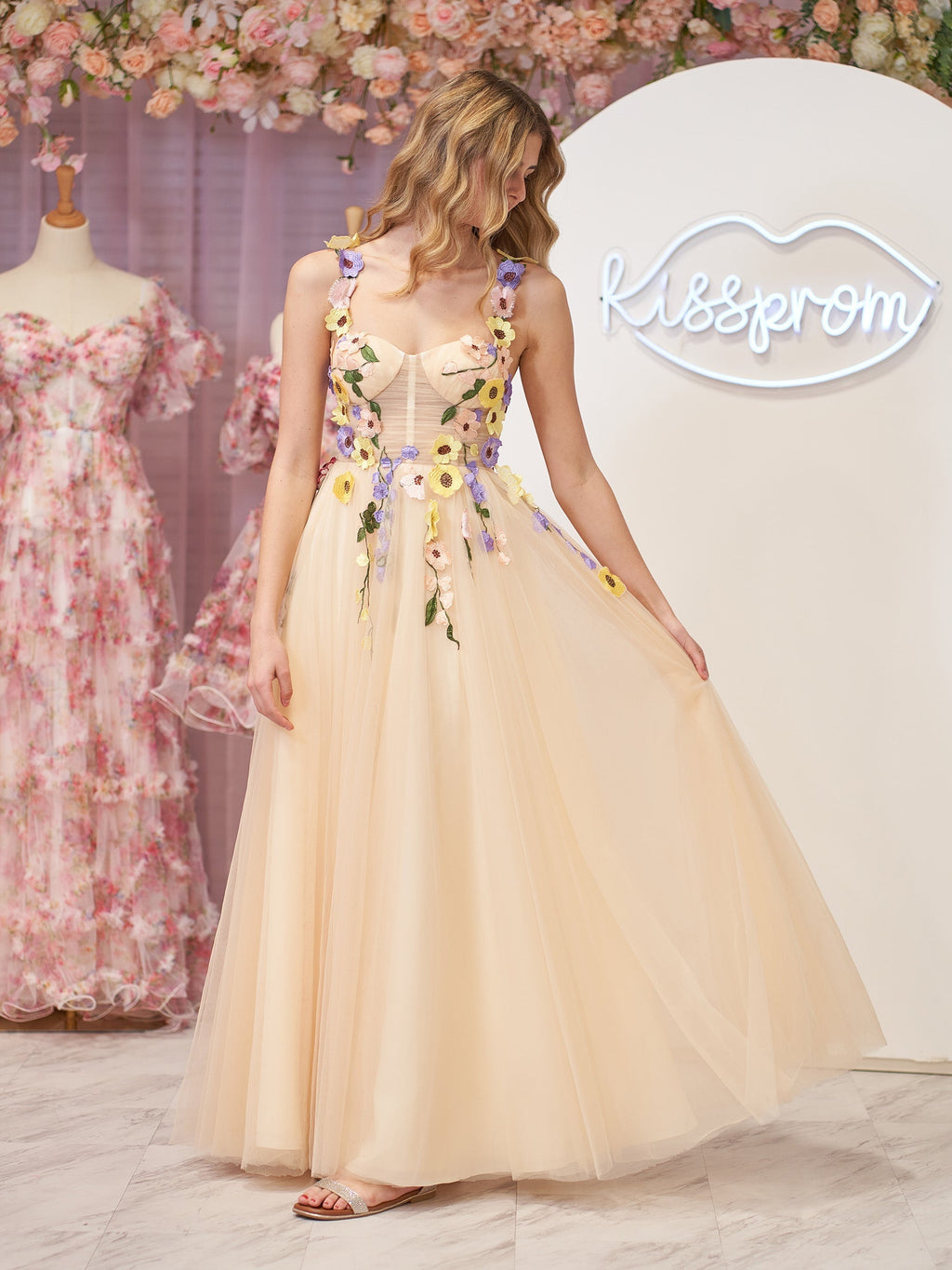 A-Line Corset Midi Prom Dress with 3D Flowers