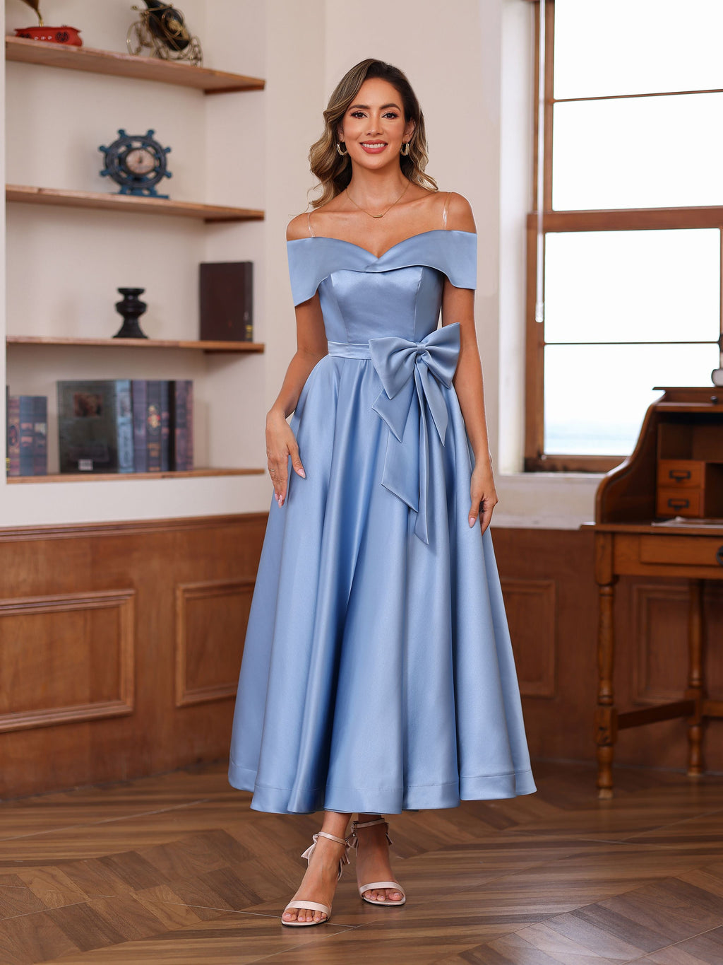 Sleeveless Off The Shoulder Mother Of The Bride Dress With Pockets Ankle Length