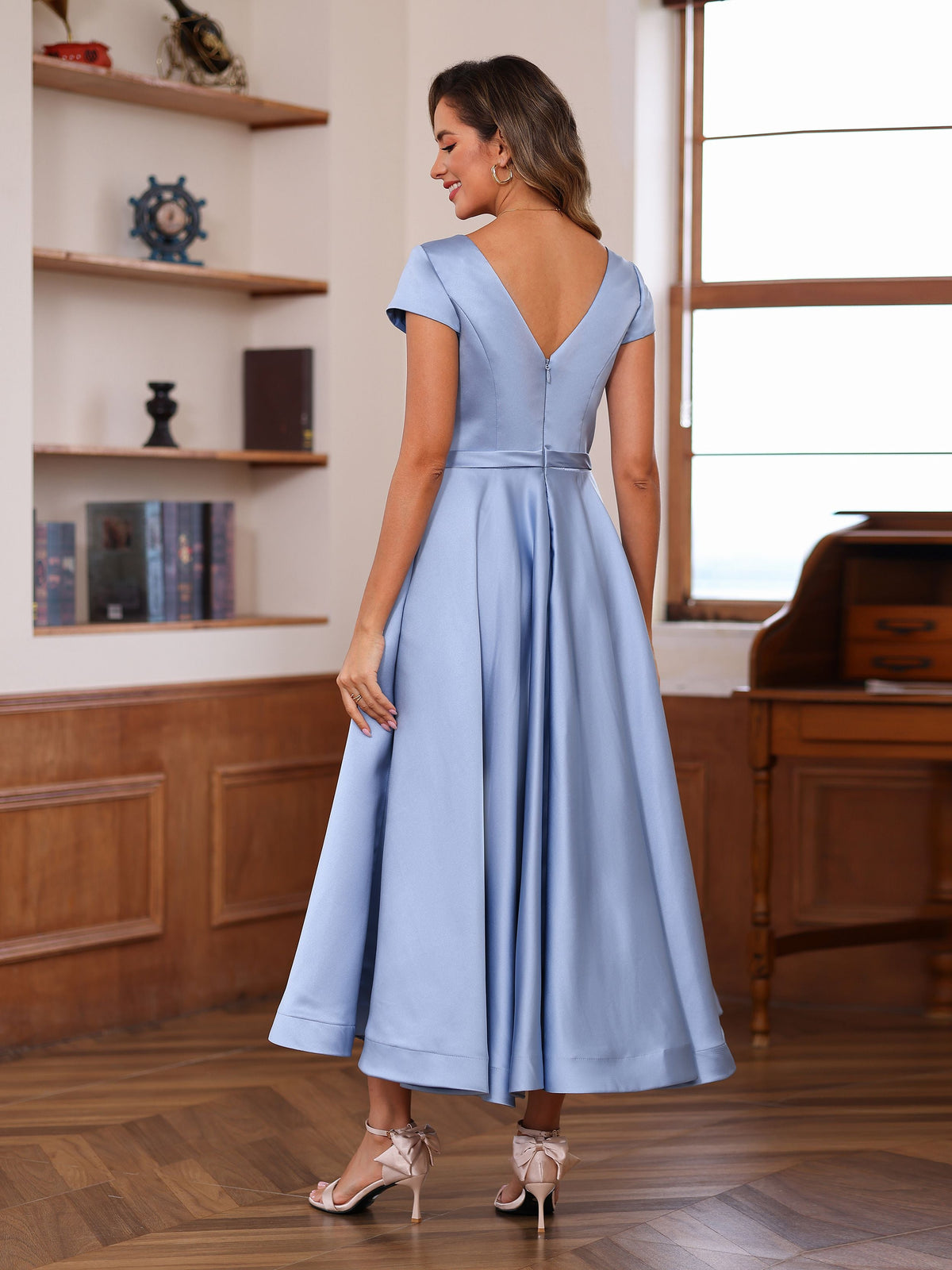 V Neck A Line Princess Short Sleeve Dress With Pockets And Ruffles For Mother Of The Bride