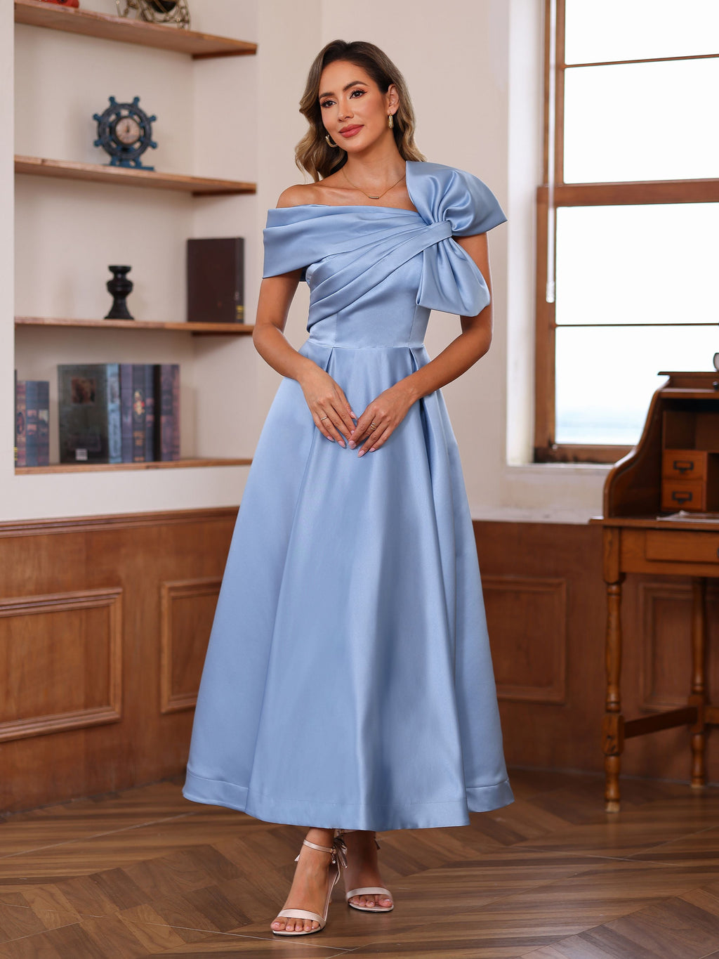 Off Shoulder A Line Sleeveless Mother Of The Bride Dress Ankle Length Bowknot