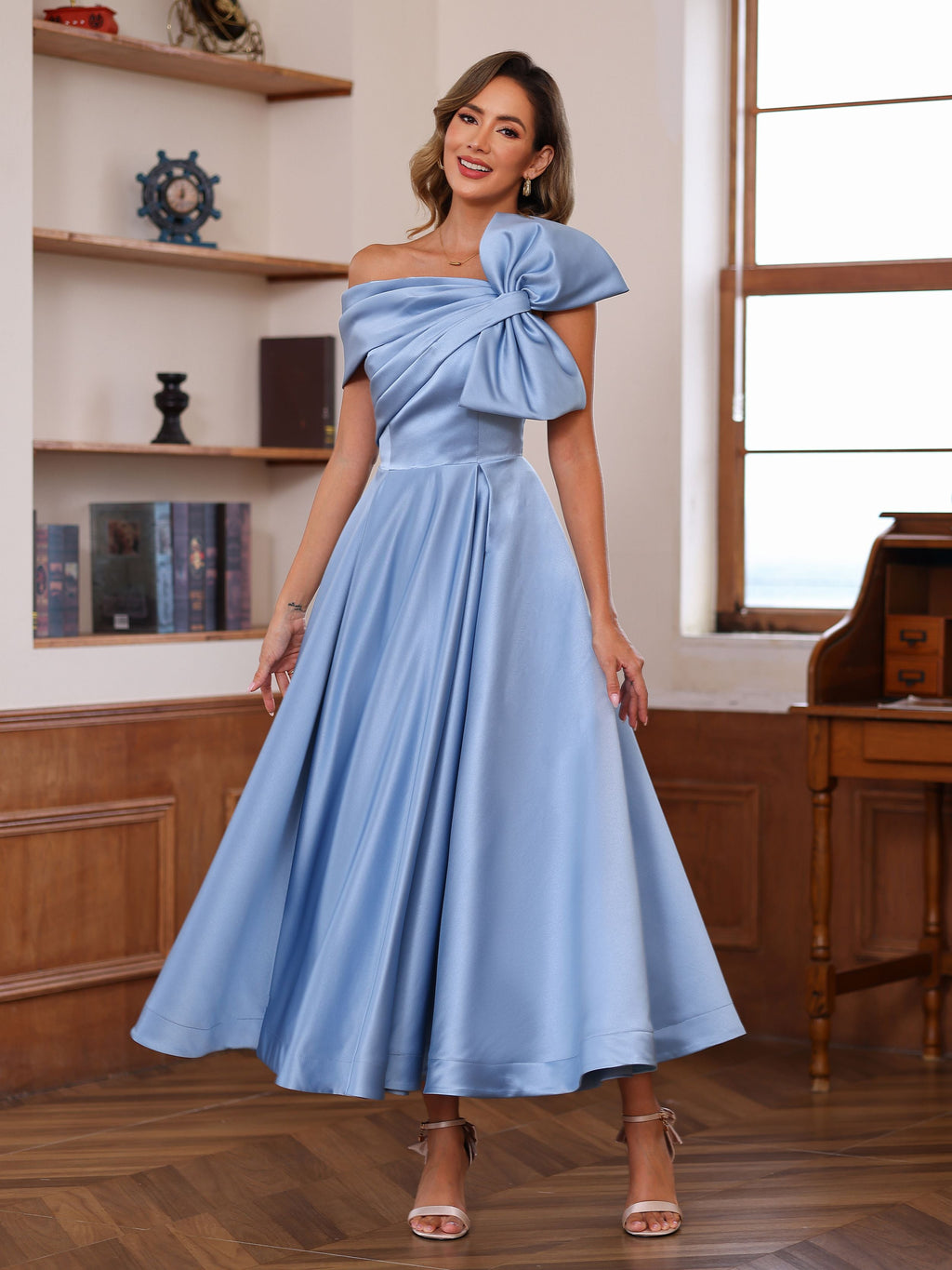 Off Shoulder A Line Sleeveless Mother Of The Bride Dress Ankle Length Bowknot