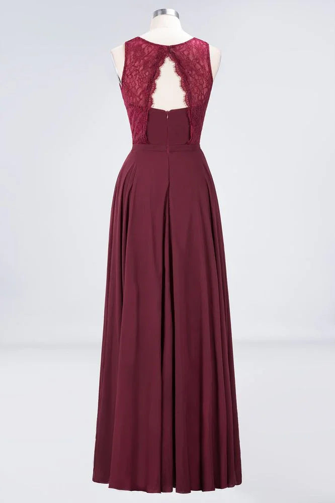 Crew Neck Floral Lace Evening Dress Floor Length Burgundy Bridesmaid Dress