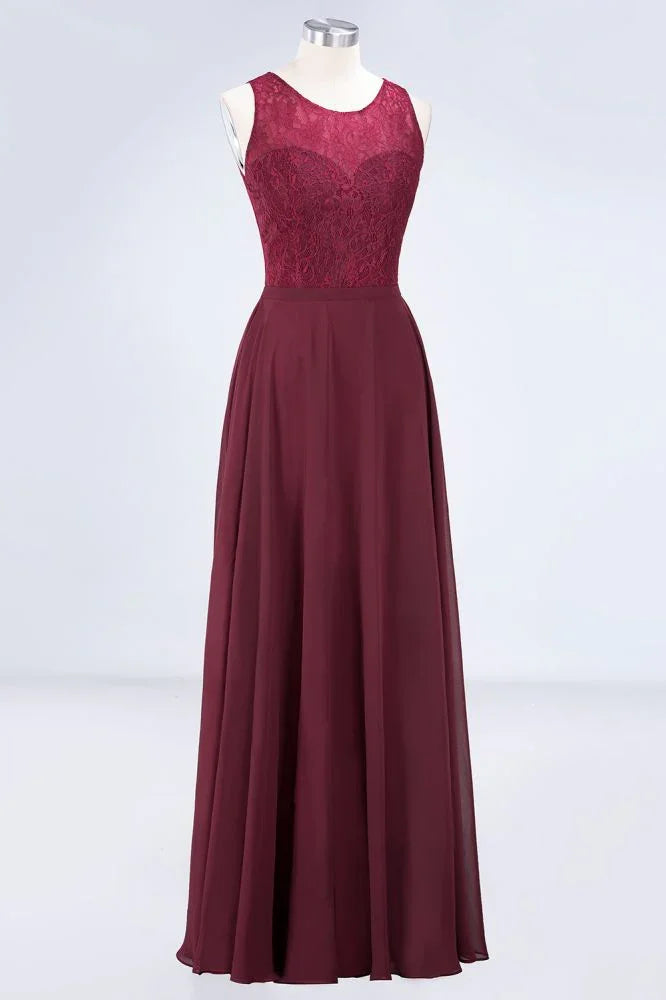 Crew Neck Floral Lace Evening Dress Floor Length Burgundy Bridesmaid Dress