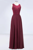 Crew Neck Floral Lace Evening Dress Floor Length Burgundy Bridesmaid Dress
