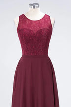 Crew Neck Floral Lace Evening Dress Floor Length Burgundy Bridesmaid Dress