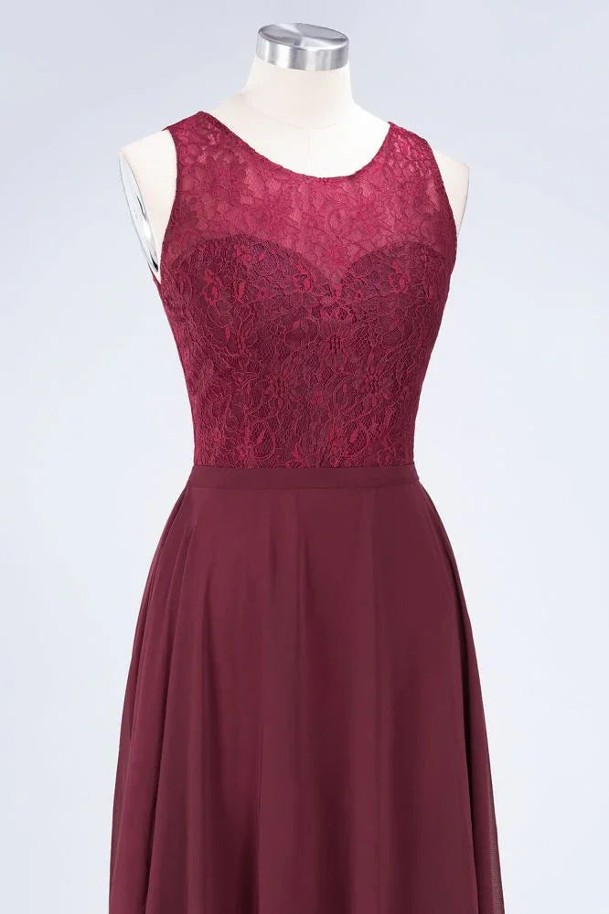 Crew Neck Floral Lace Evening Dress Floor Length Burgundy Bridesmaid Dress