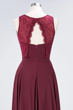 Crew Neck Floral Lace Evening Dress Floor Length Burgundy Bridesmaid Dress