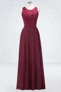 Crew Neck Floral Lace Evening Dress Floor Length Burgundy Bridesmaid Dress