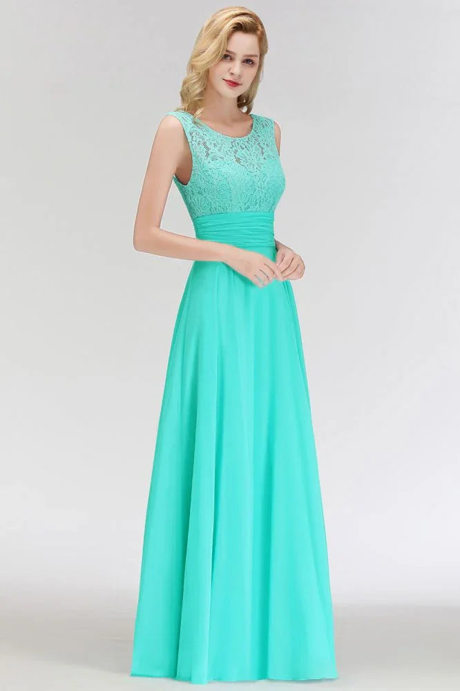 Crew Neck Lace Top Sleeveless Chiffon Bridesmaid Dress Aline Formal Dress