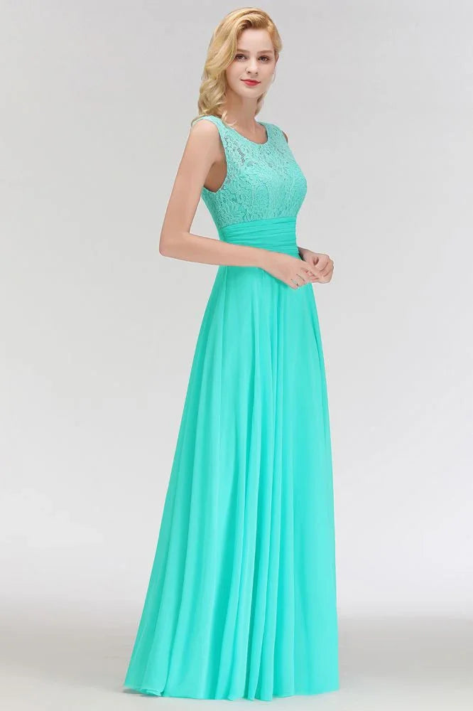 Crew Neck Lace Top Sleeveless Chiffon Bridesmaid Dress Aline Formal Dress