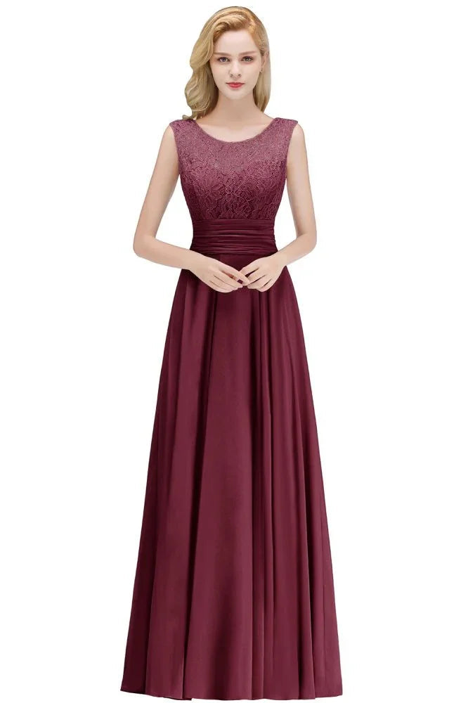Crew Neck Lace Top Sleeveless Chiffon Bridesmaid Dress Aline Formal Dress