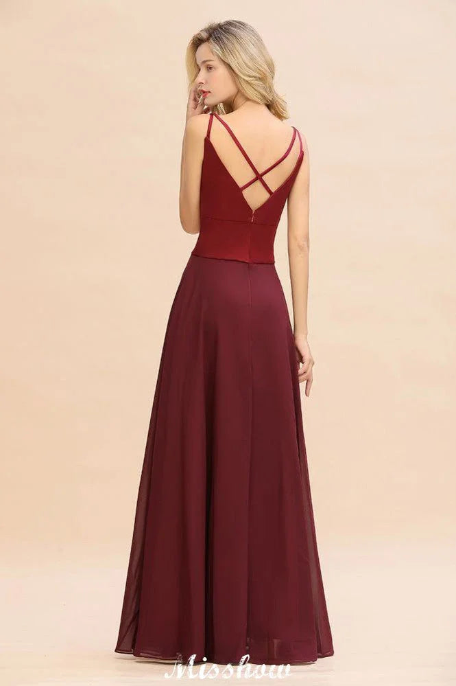 Cross Backless Floor Length Satin Evening Gowns Burgundy Bridesmaid Dress
