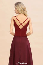 Cross Backless Floor Length Satin Evening Gowns Burgundy Bridesmaid Dress