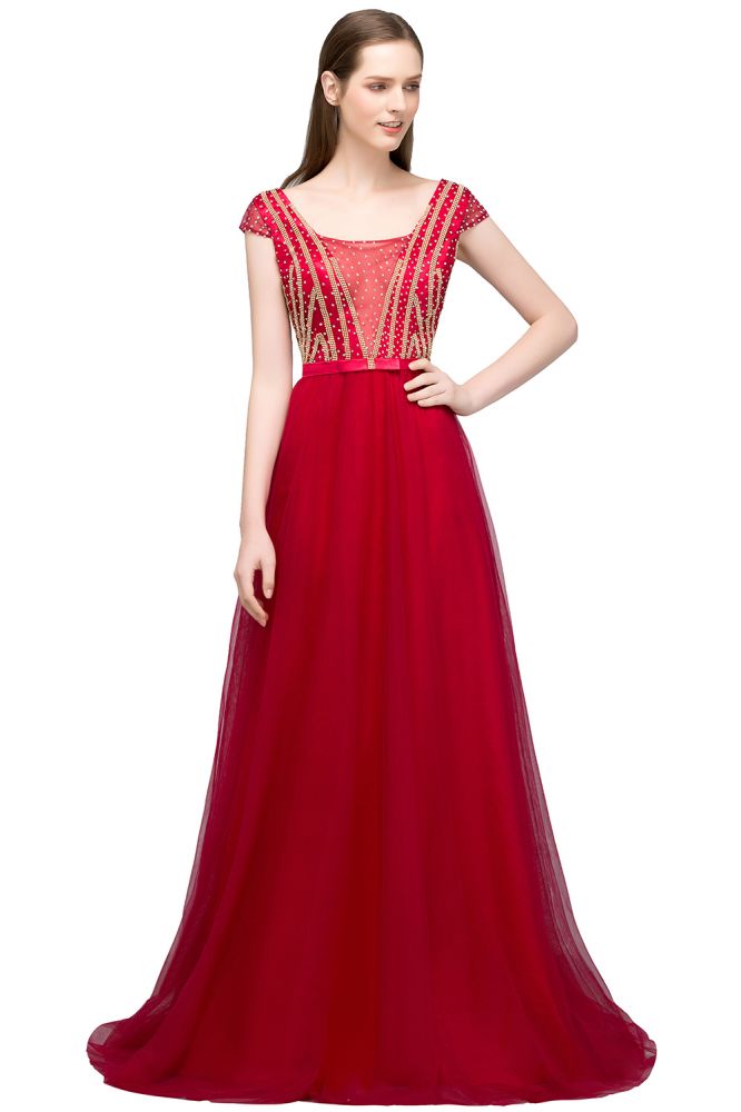 Crystal Beading Tulle A-line Floor Length Cap Sleeves Prom Dresses with Sash
