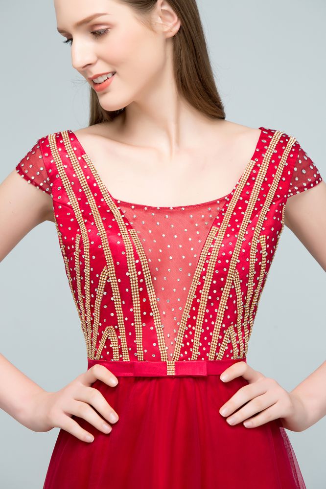 Crystal Beading Tulle A-line Floor Length Cap Sleeves Prom Dresses with Sash