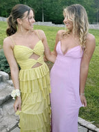 Curitis | Spaghetti Straps Yellow Keyhole Tiered Ruffle Long Formal Dress