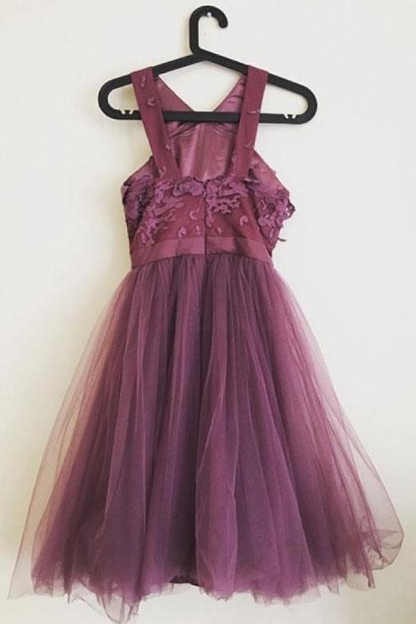 Cute A-line Applique Tulle Purple Homecoming Dresses