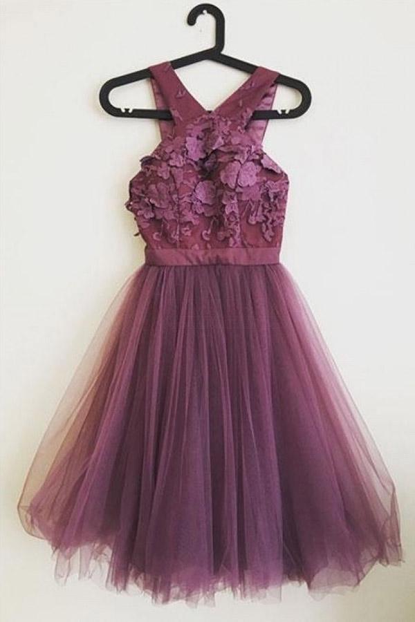 Cute A-line Applique Tulle Purple Homecoming Dresses