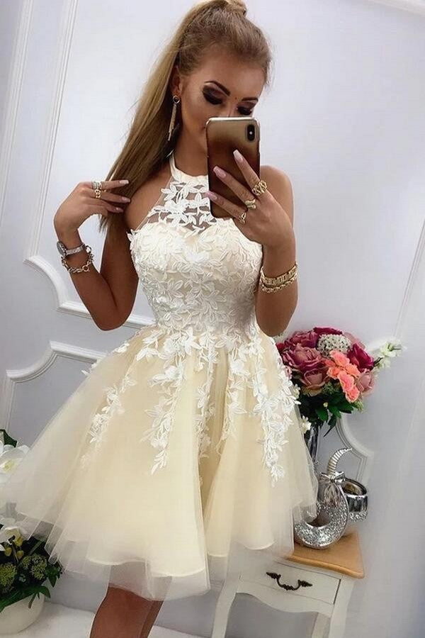 Cute A-line Halter Tulle Lace Short Prom Dresses for Teens