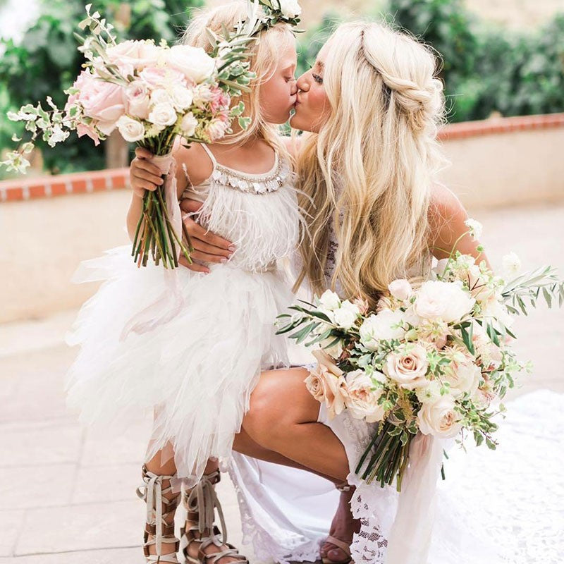 Cute A Line Tea Length Spaghetti Strap Feather Flower Girl Dresses In Colors