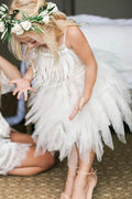 Cute A Line Tea Length Spaghetti Strap Feather Flower Girl Dresses In Colors