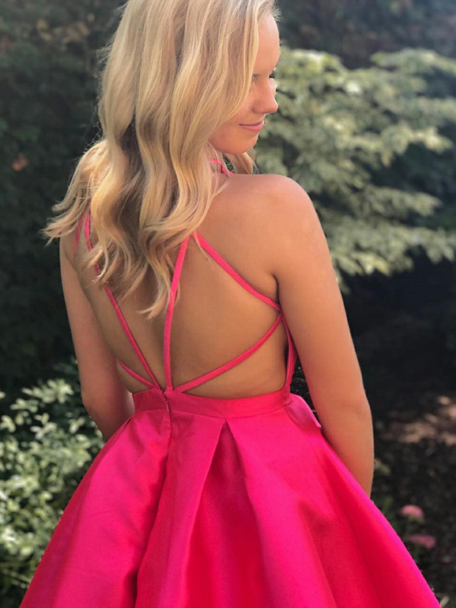 Cute A-line V Neck Open Back Fuchsia Short Prom Homecoming Dresses