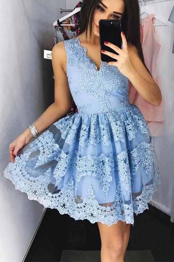 Cute Blue Lace Short Prom Dress Blue Lace Homecoming Dress