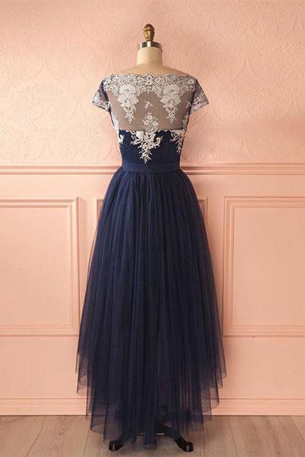 Cute Dark Blue Tulle Lace High Low Prom Dress Evening Dresses