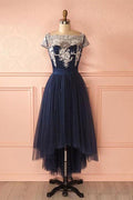 Cute Dark Blue Tulle Lace High Low Prom Dress Evening Dresses