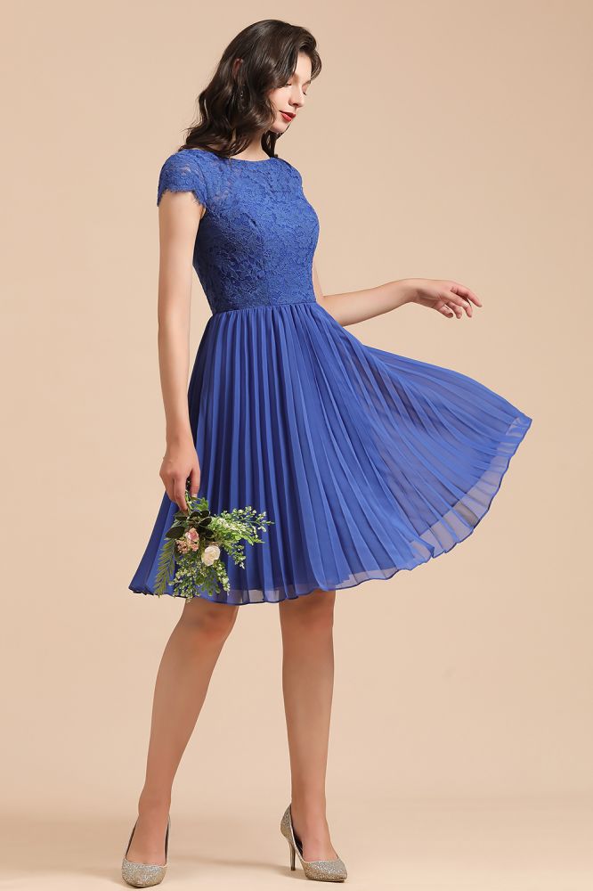 Cute Lace Chiffion Mini Party Dress Short Sleeves Knee Length Homecoming Dress