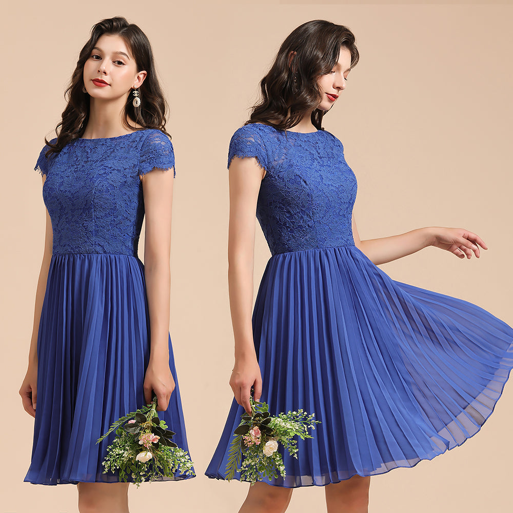 Cute Lace Chiffion Mini Party Dress Short Sleeves Knee Length Homecoming Dress