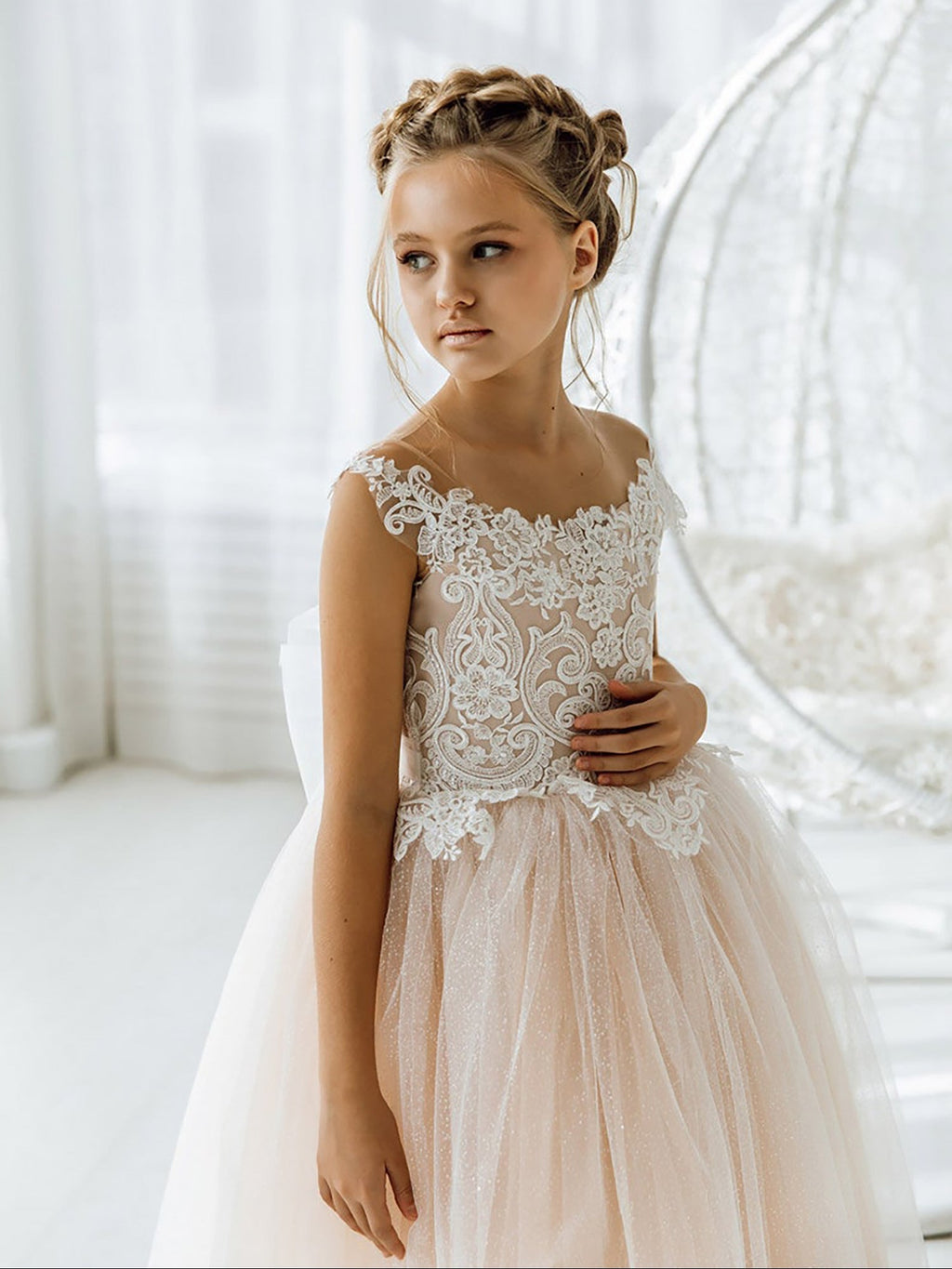Champagne Floral Lace Flower Girl Dress Sleeveless Floor Length