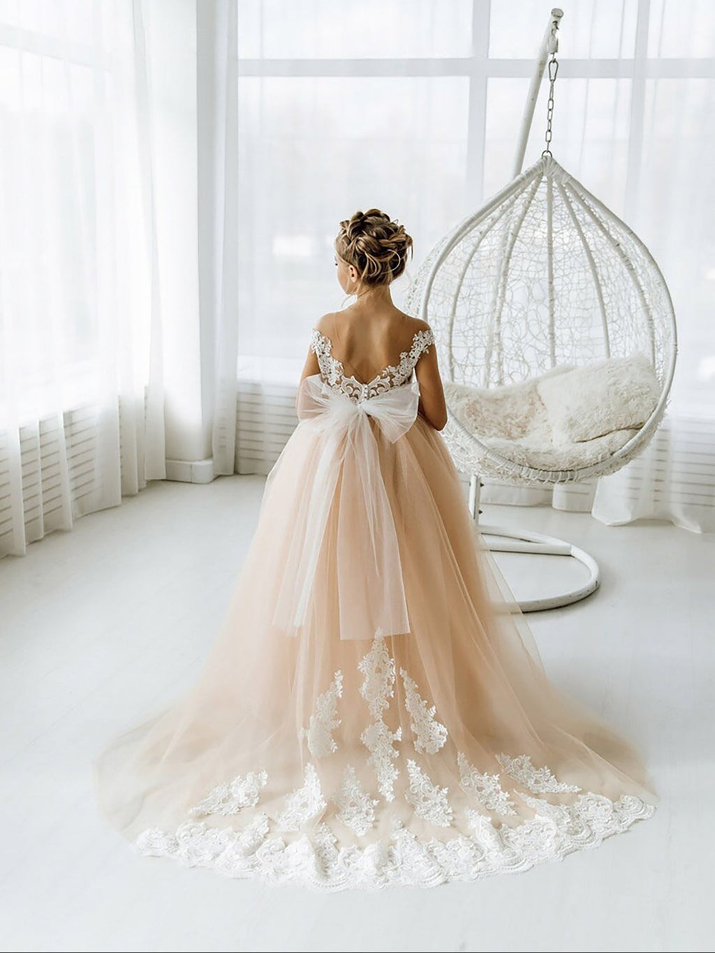 Champagne Floral Lace Flower Girl Dress Sleeveless Floor Length