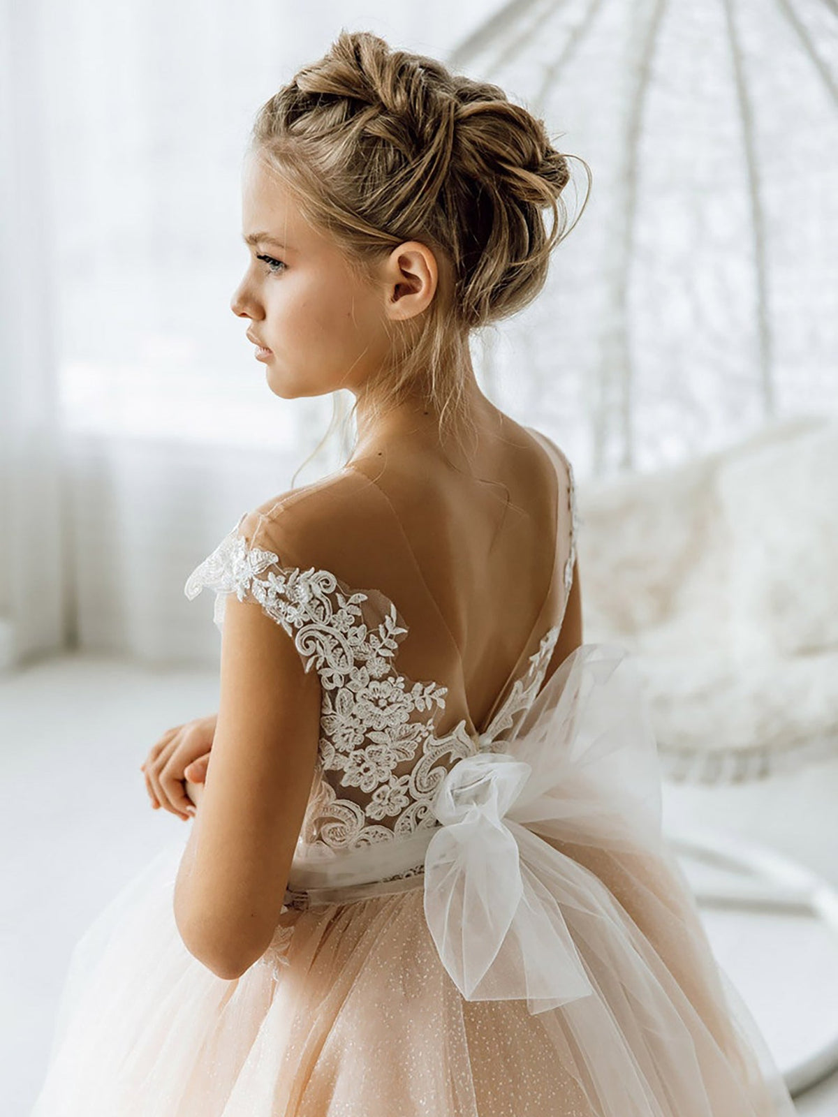 Champagne Floral Lace Flower Girl Dress Sleeveless Floor Length