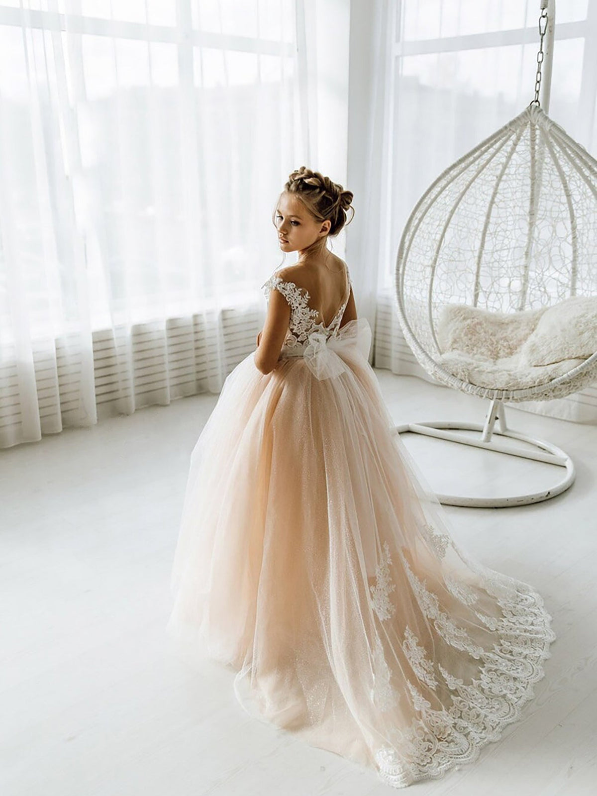 Champagne Floral Lace Flower Girl Dress Sleeveless Floor Length