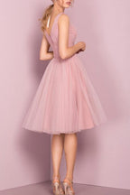 Cute V Neck Knee Length Pink Homecoming Dress Short Prom Dresses PG151