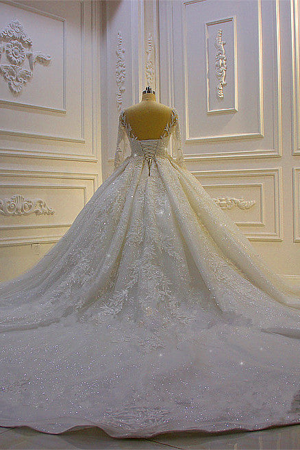 Luxury Ball Gown Bridal Dress With Lace Appliques Beading Long Sleeves Ruffles