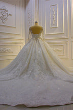 Luxury Ball Gown Bridal Dress With Lace Appliques Beading Long Sleeves Ruffles