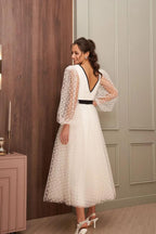 Bmbridal Long Sleeve Tulle Tea Length Wedding Dress with V Neck Appliques