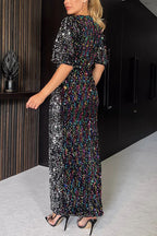 Vestido Maxi de Festa com Fendas e Mangas de Sino de Lantejoulas que Brilham a Noite Toda
