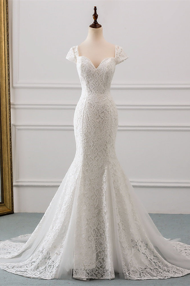 Mermaid Lace Wedding Dress With Cap Sleeves And Sweetheart Neckline