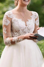 Classic Lace Floor Length Long Sleeve Sheer Tulle A Line Wedding Dress