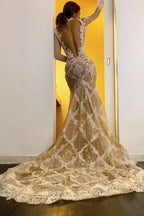 Beautiful Lace Mermaid Wedding Dress With High Neck Long Sleeves Open Back