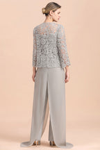 BMbridal Elegant Silver Lace Top Chiffon Mother of Bride Jumpsuit Online with Wrap