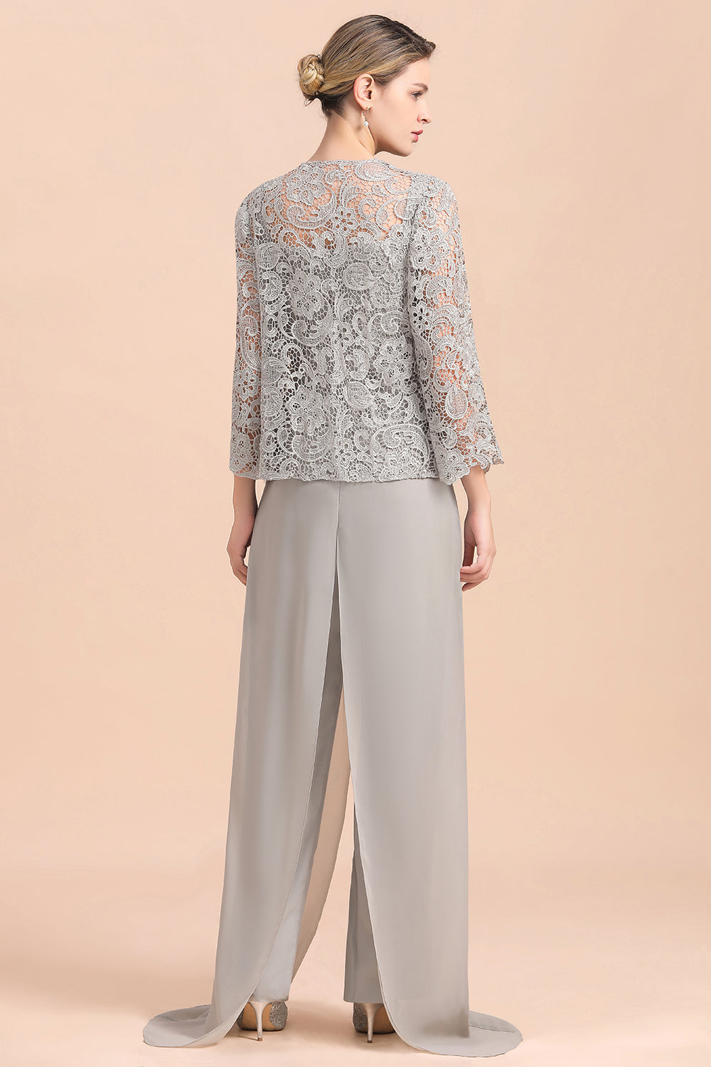 BMbridal Elegant Silver Lace Top Chiffon Mother of Bride Jumpsuit Online with Wrap