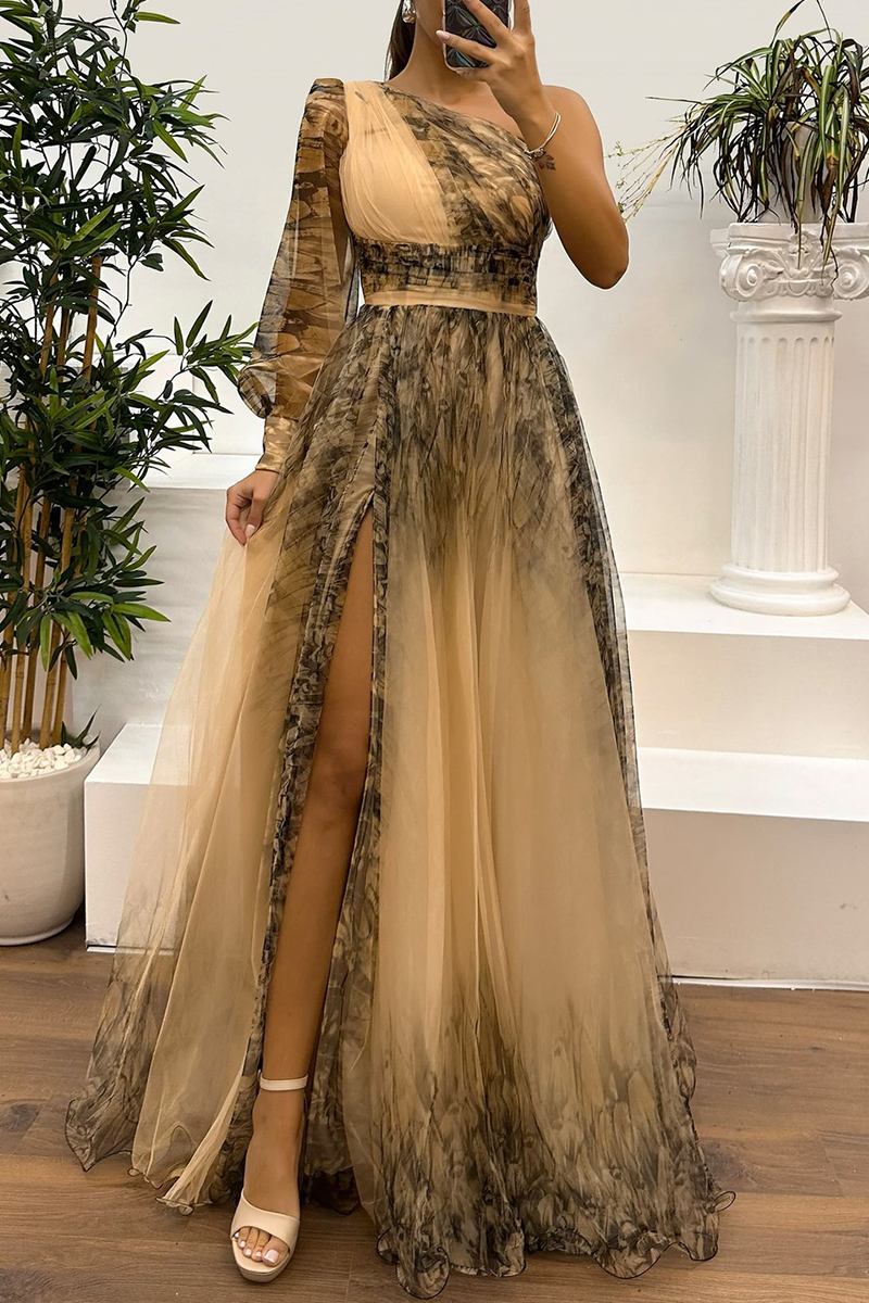 Vestidos de Noite Sexy para Baile de Finalistas com Estampa Floral, Fenda, Transparência em Tule e Decote Assimétrico (6 Cores)