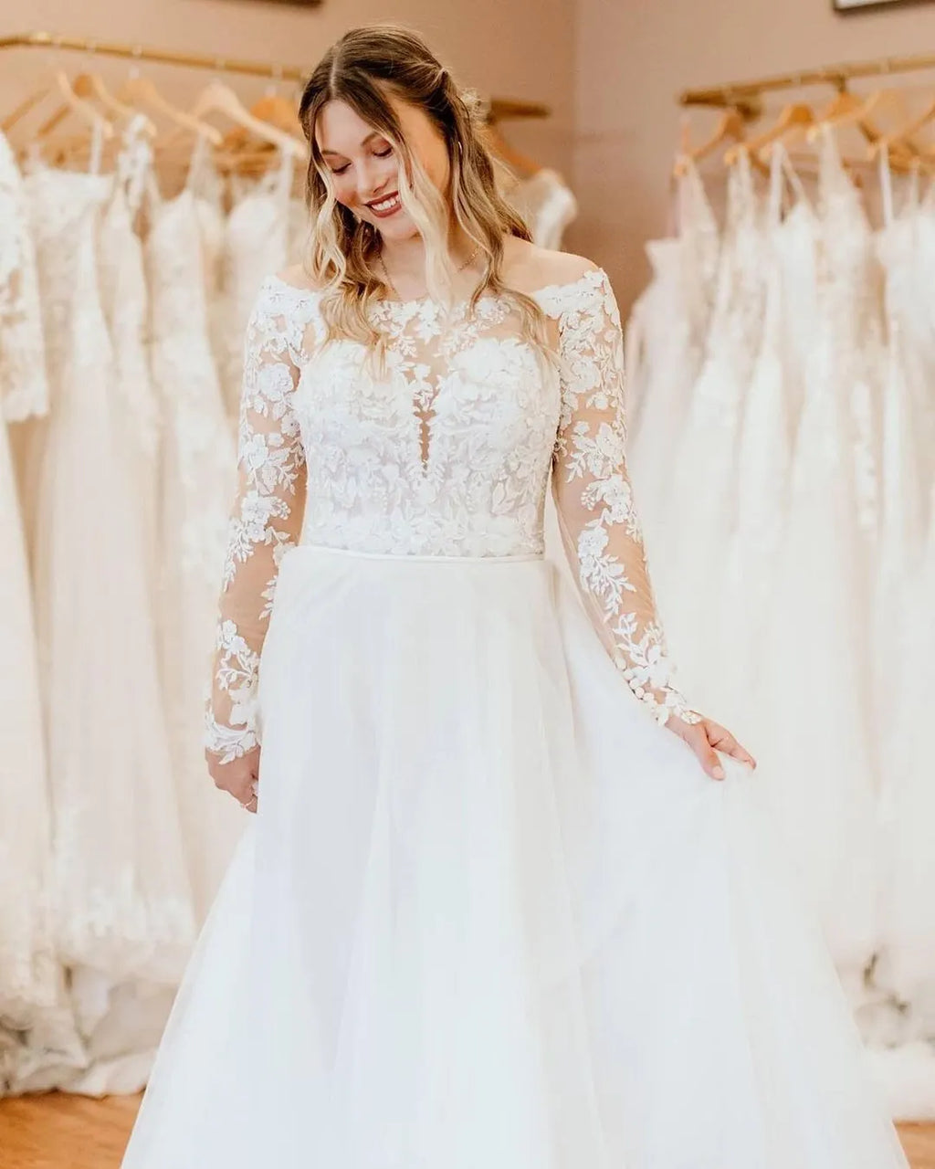 Pretty Tulle Long Sleeves Off The Shoulder Wedding Dress With Lace A Line