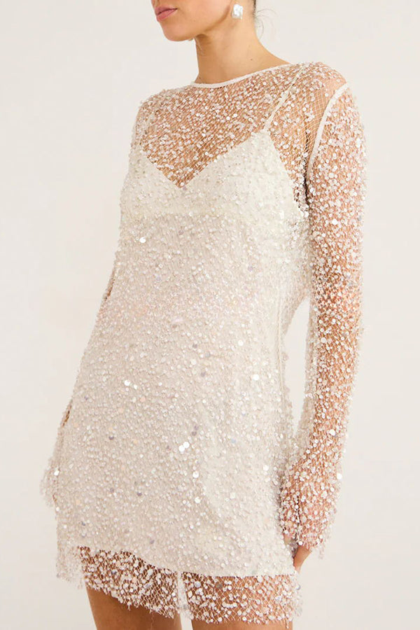 Robe courte en tissu à paillettes et perles scintillantes avec jupon séparé