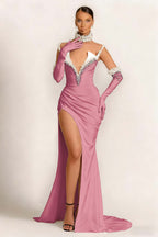 Strapless Sleeveless Mermaid Prom Dress With Split Gloves