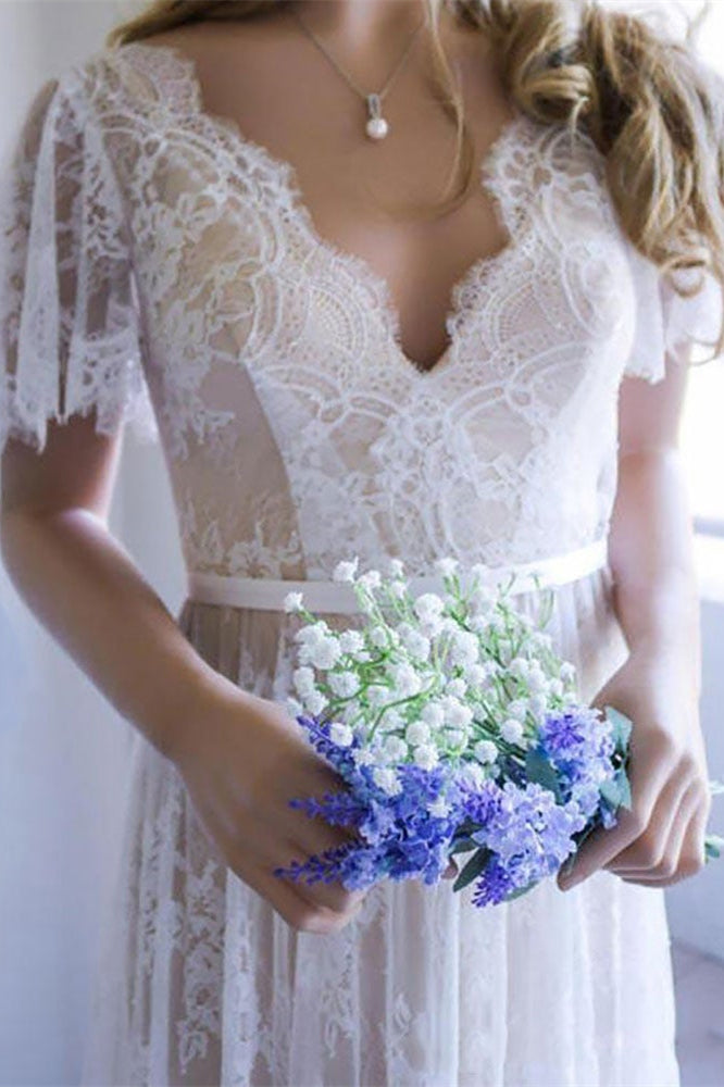 Lace Short Sleeves Boho Wedding Dress For Romantic Brides